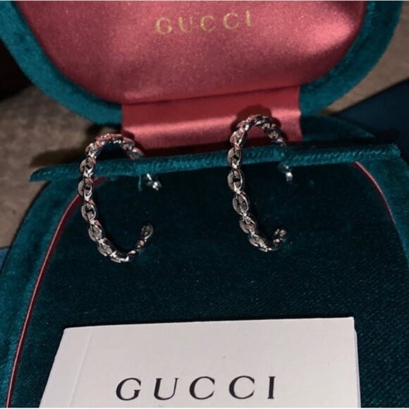 Gucci  18K White Gold Interlocking GG Hoop Earrings - Picture 2 of 5